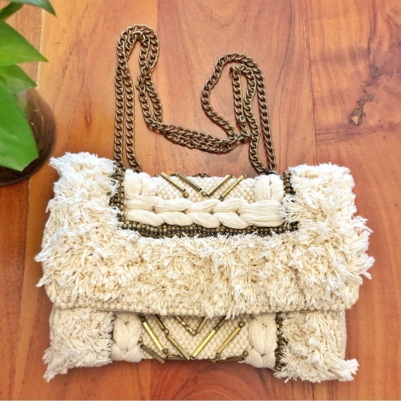 ZARA Unique Boho Beaded Cream Golden Tone Chain &Hardware Crossbody Shoulder Bag - Picture 8 of 15